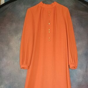 Vintage Gay Gibson 1960s Women's Orange Long Sleeve Dress, Zip Closure, Bow, Med